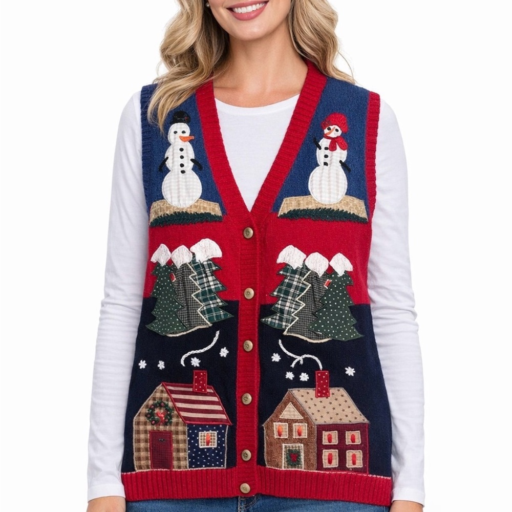 Susan Bristol Vintage 1995 Women’s Size S Winter Snowman Sweater Vest Hand Knit